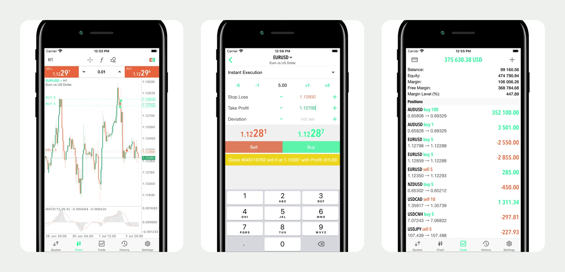 MetaTrader-5-Screens: Chart mit Indikator, Ausführungsfenster einer Order und Kontoübersicht mit offenen Positionen